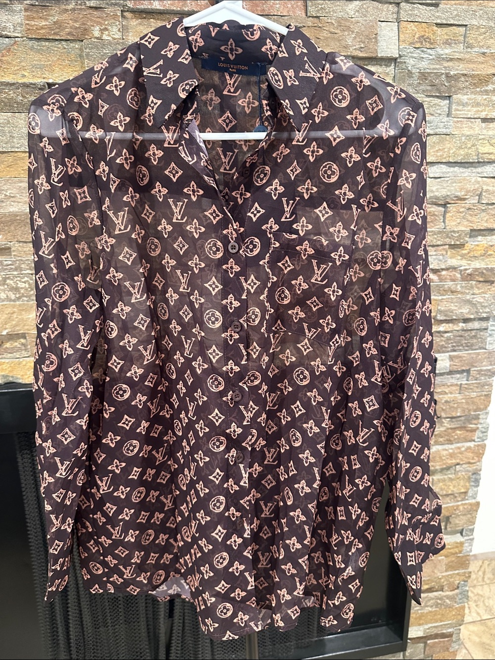 Brown Sheer Logo-Print Button-Down Blouse size M